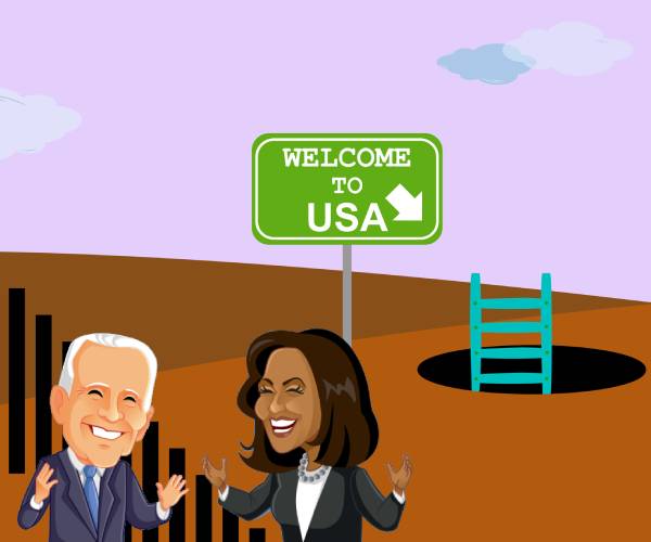 cartoon of biden and kamala harris celebrating at the border next to a tunnel and a sign saying welcome to u s a