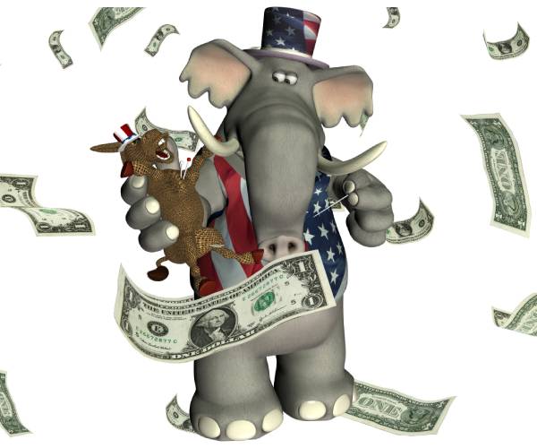 republican elephant using smaller democratic donkey as voodoo doll with hat pin in other hand and dollars floating down