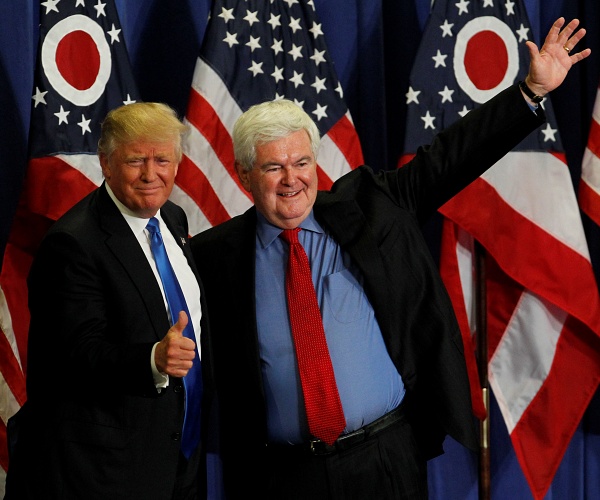 donald trump gives thumbs up as newt gingrich waves