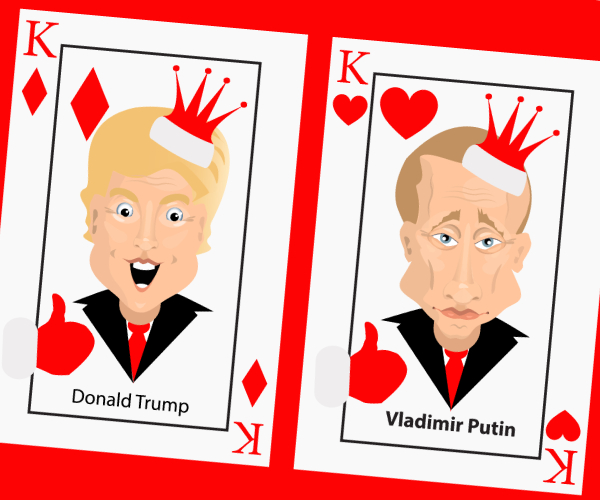 illustration with two playing cards showing trump as the king of diamonds and putin as the king of hearts