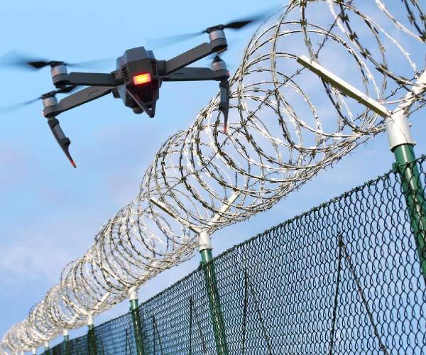 drone flying over chainlink fence with razor wire on top