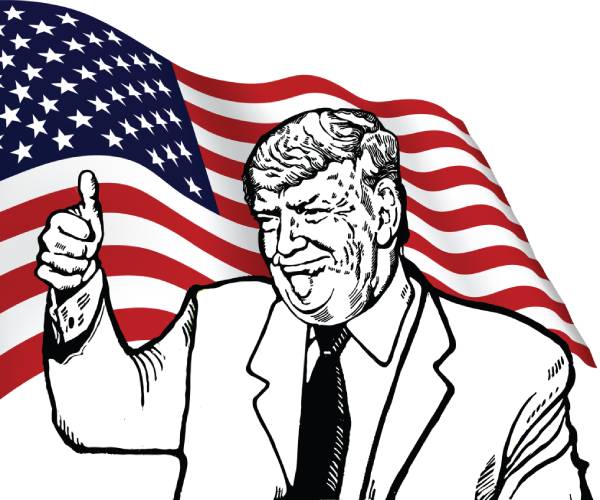 donald trump illustration in front of american flag