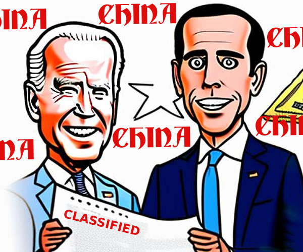 cartoon of joe and hunter biden reading a classified document with china written in the background