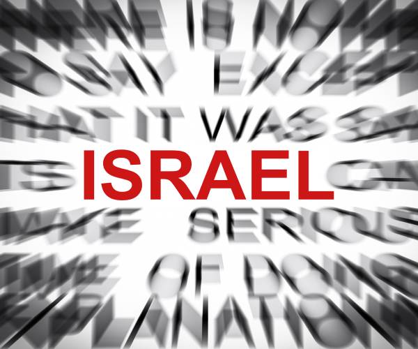 the word israel surrounded by other blurred words