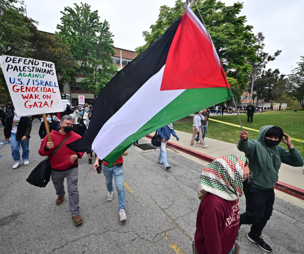 masked protestors carrying a palestinian flag and a protest sign