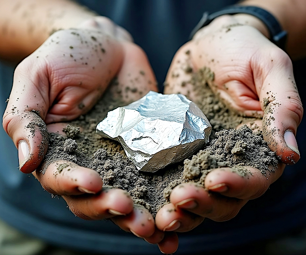 Platinum or silver or rare earth minerals found in a mine held in a person's hands