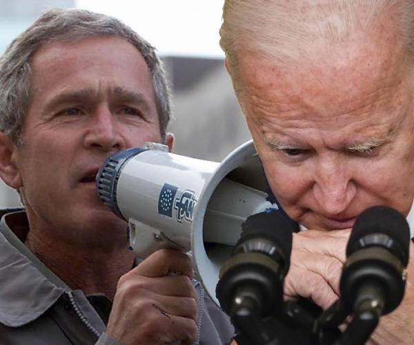 bush on a bullhorn in new york and biden looking down with his head on his hands