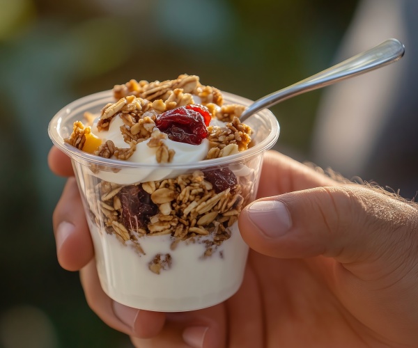 man's handing holding up a cup of yogurt and fruit and granola