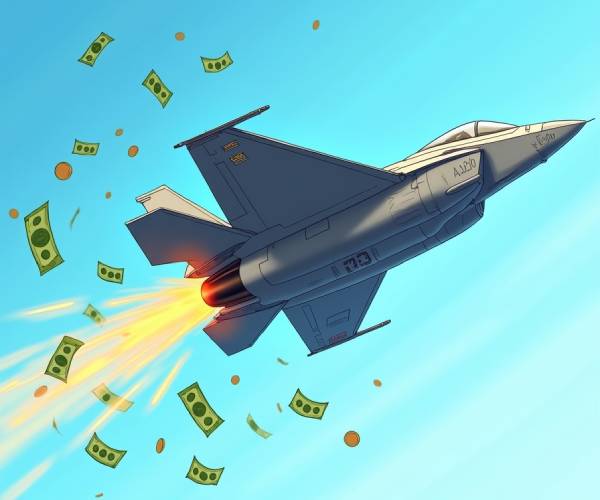 a cartoon of an f thirty five fighter jet soaring through the air with cash and coins spewing out the exhaust with fire