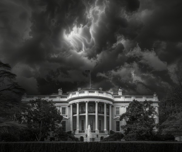 storm clouds brew around a shady white house