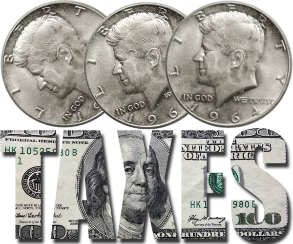 three kennedy half dollars rolling over the word taxes cut out of a hundred dollar bill