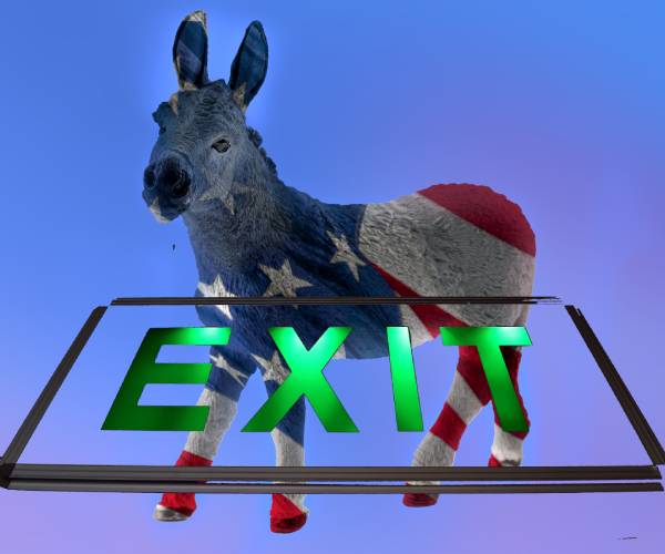 a democrat donkey behind an exit sign