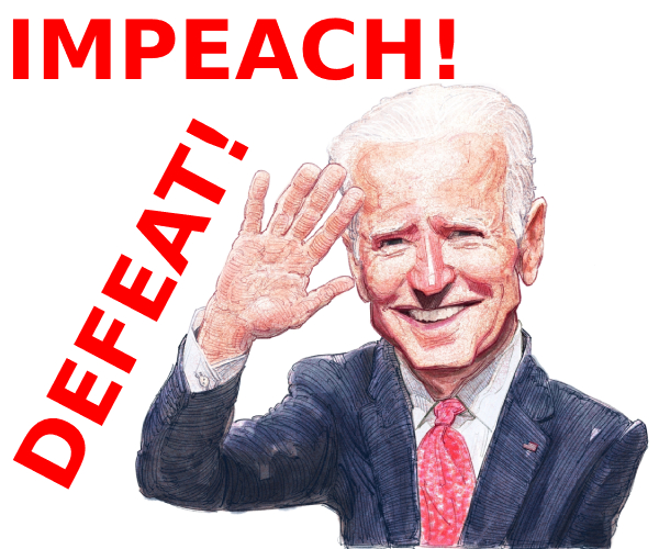 watercolor of joe biden smiling and waving with the words impeach and defeat overlaid on the image