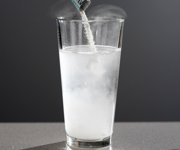 person pouring electrolyte powder into a glass of water