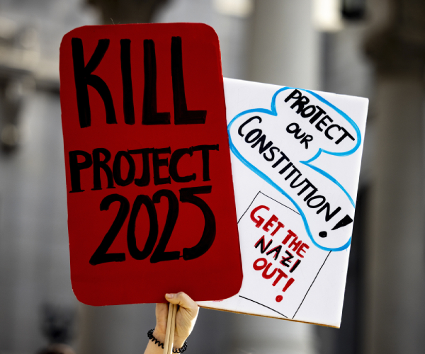 signs reading kill project 2025, protect the constitution and get the nazi out