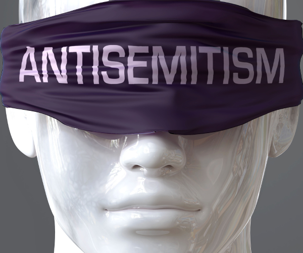 a manakin head with a blindfold reading antisemitism