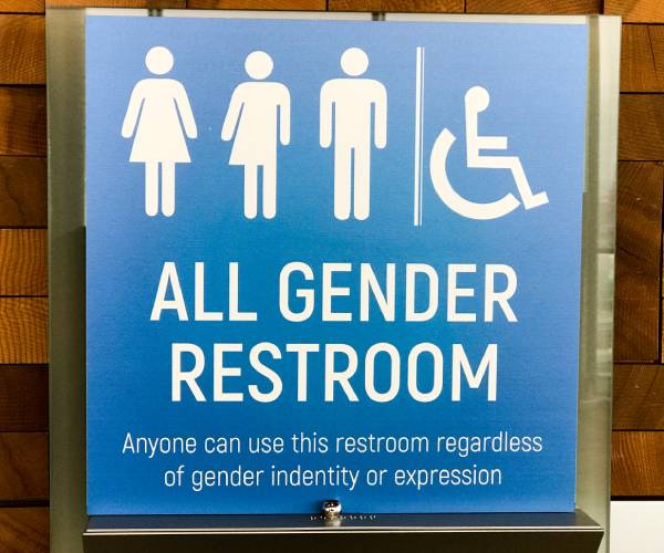 a sign reading all gender bathroom