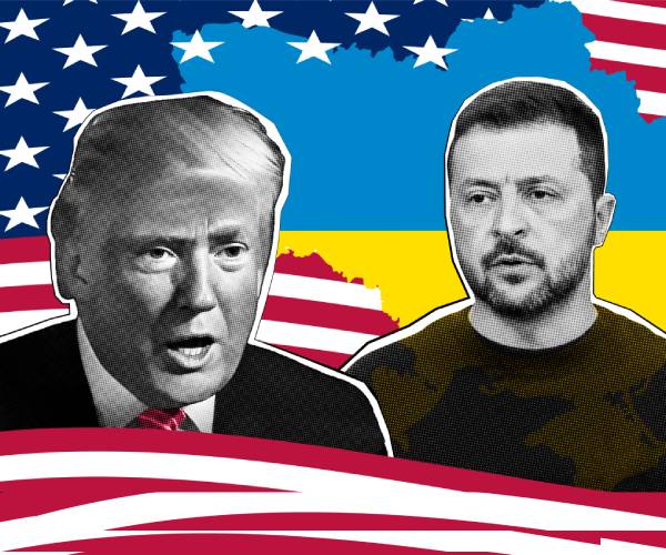 photos of trump and zelenskyy amid images of the american and ukrainian flags