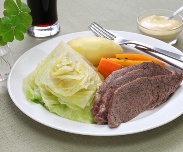 corned beef, cabbage, glass of Guinness