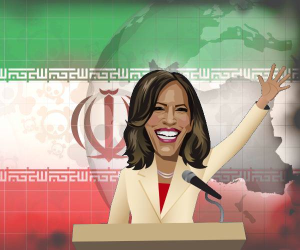 cartoon of kamala harris in front of an iranian flag and map