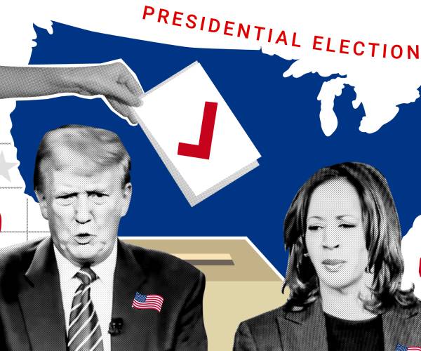 donald trump and kamala harris in front of a map of the united states with a hand putting a ballot in a box