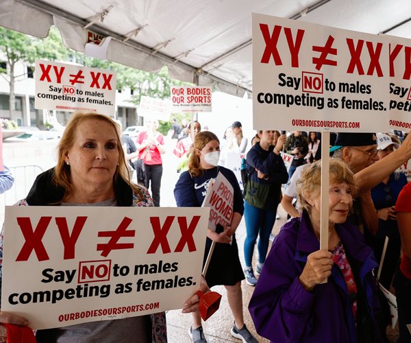 Demonstrators hold signs