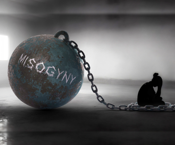 a giant ball and chain labeled misogyny next to a figure of a woman with her head in her hands