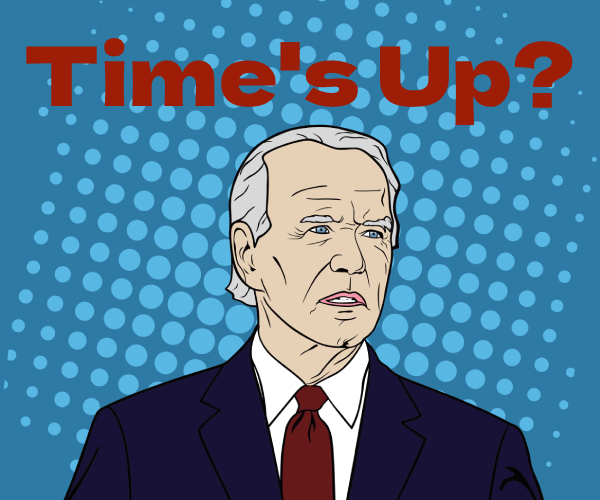 a drawing of joe biden with the question written over his head times up