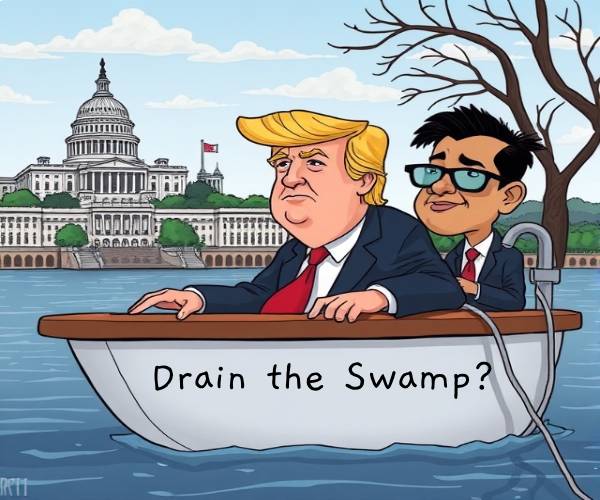 cartoon of trump and ramaswamy in a bathtub floating on the water in front of the capitol building