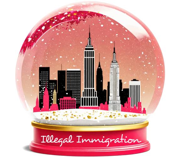 a snow globe containing the skyline of new york city with the label illegal immigration