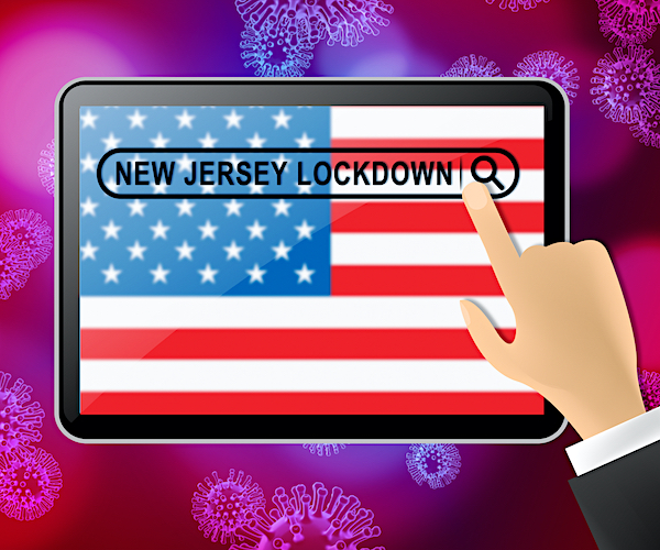 a graphic showing new jersey lockdowns on a tablet with an american flag in the background