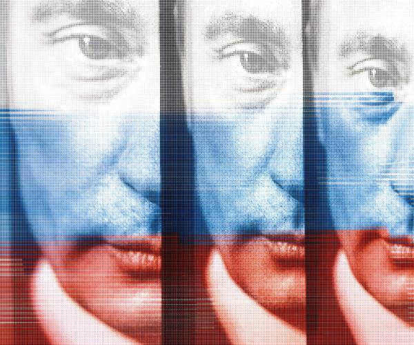 three images of putin on a russian flag