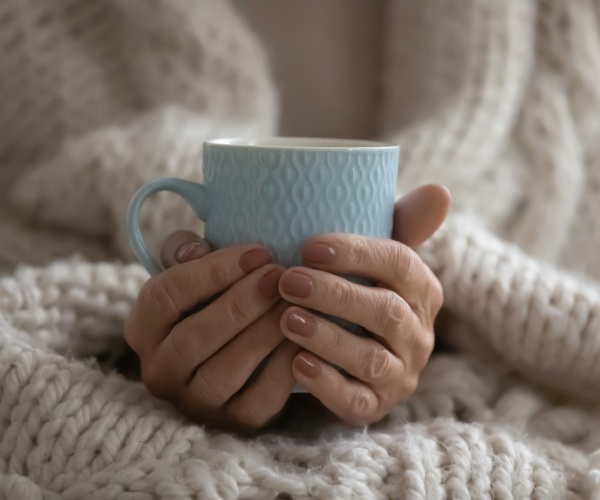 older woman with a blanket and hot tea