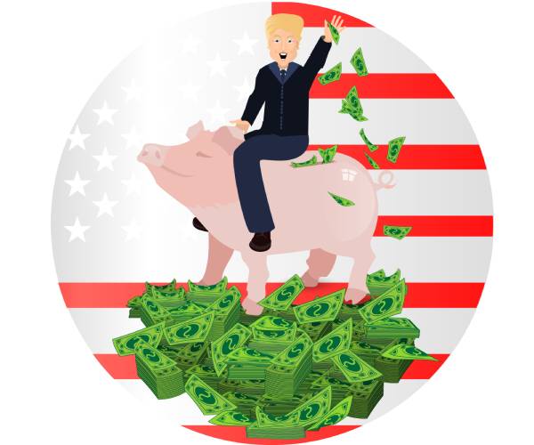 cartoon of trump riding a piggy bank surrounded by stacks of cash