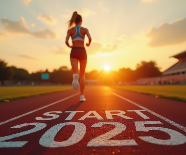 woman running on a track that says 'Start 2025'