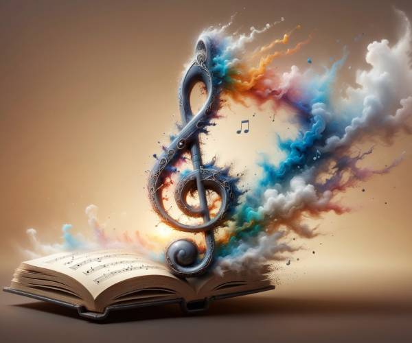 a book with music written in it with a large treble clef rising over it with multicolored smoke coming from it