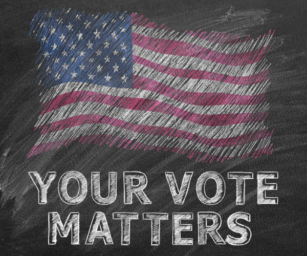 the inscription your vote matters and american flag drawn with chalk on a blackboard