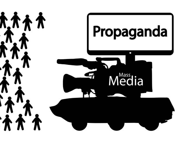 a tank with a tv camera on top labled media propaganda