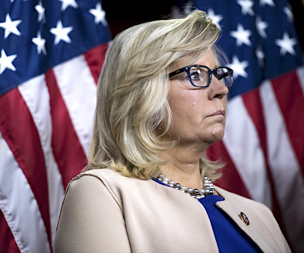 liz cheney stands contrite in front of an american flag