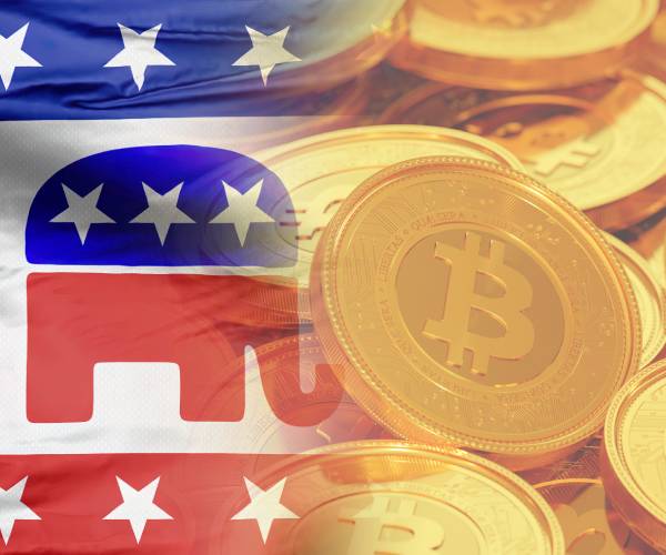 a republican elephant logo on the left blended with a pile of symbolic bitcoin cons on the right