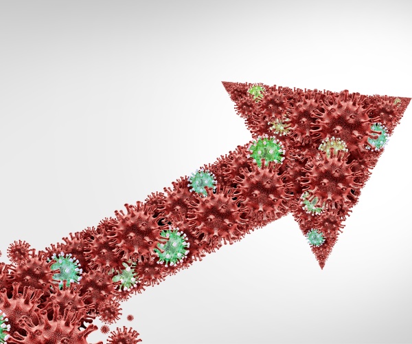 covid virus particles in the shape of an arrow pointing up