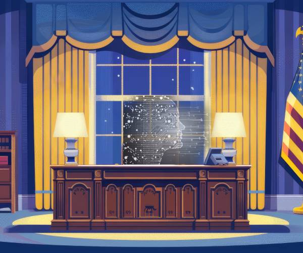 an drawing of the oval office with a head emitting ones and zeros in the chair behind the desk