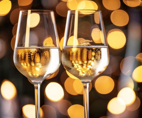 two glasses of champagne with festive lights in background