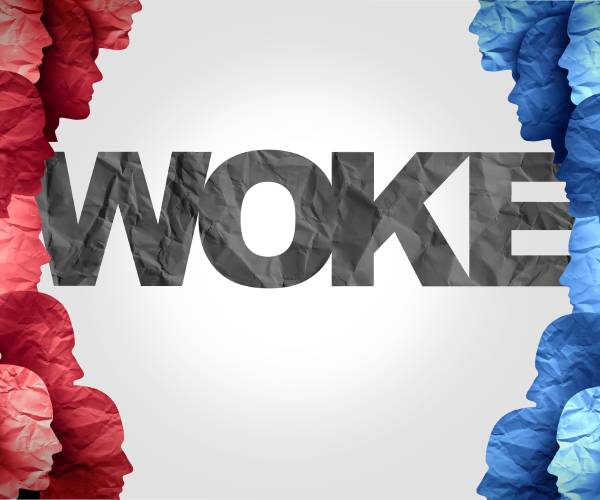 red and blue faces on the sides of the illustration with the word woke in the middle