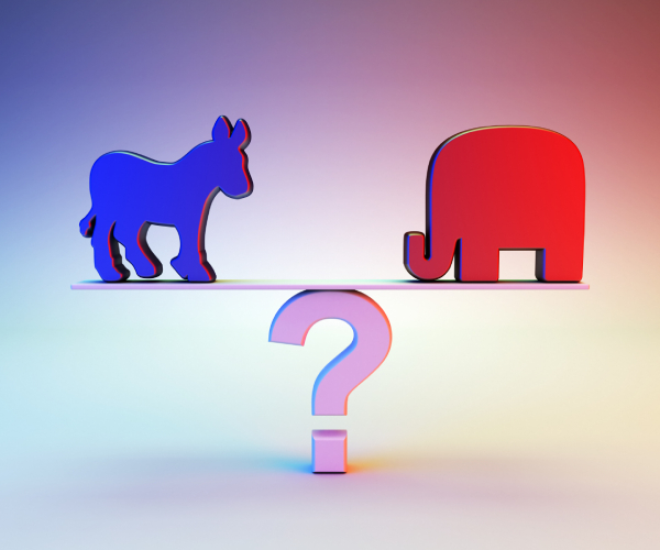 a donkey, and elephant and a question mark