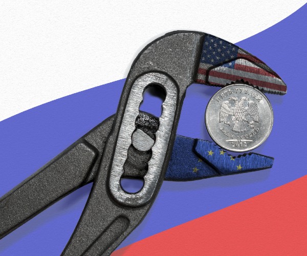 a coin in a vise on the background of flag of russia with american an e u flags on the vice