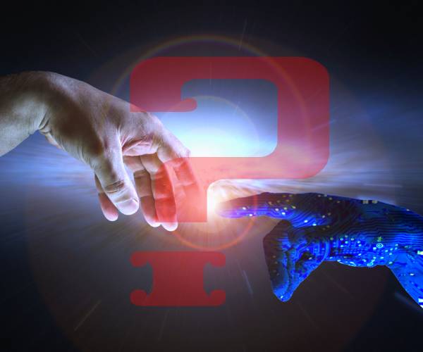 a human hand touching the finger of an artificial intelligence hand with a question mark on top