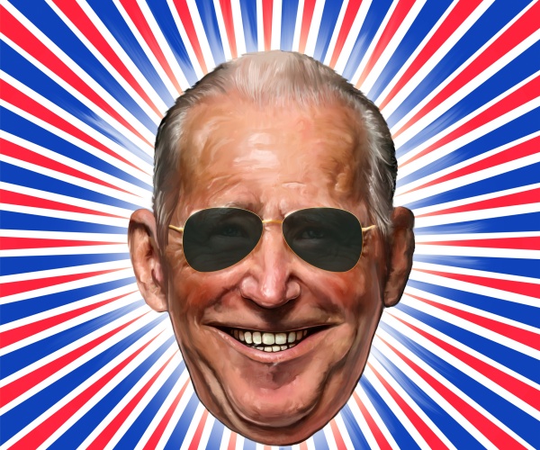 president joe biden with sunglasses and blue and red stripes background 