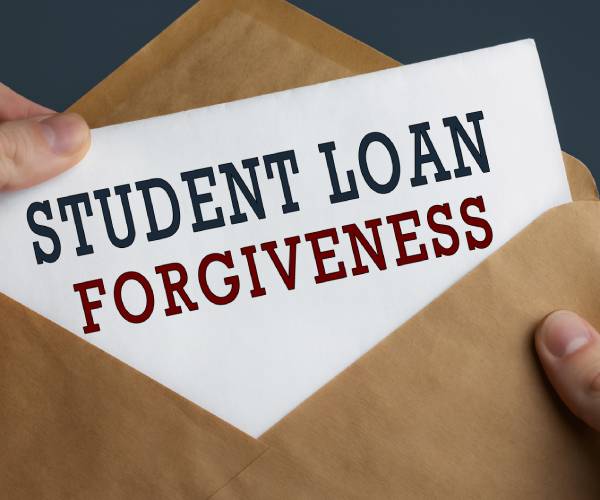 an envelope with a paper inside that reads "student loan forgiveness"