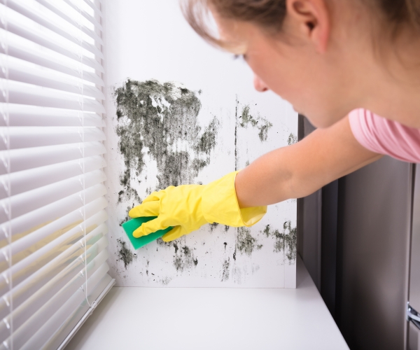 a woman cleaning mold from a wall